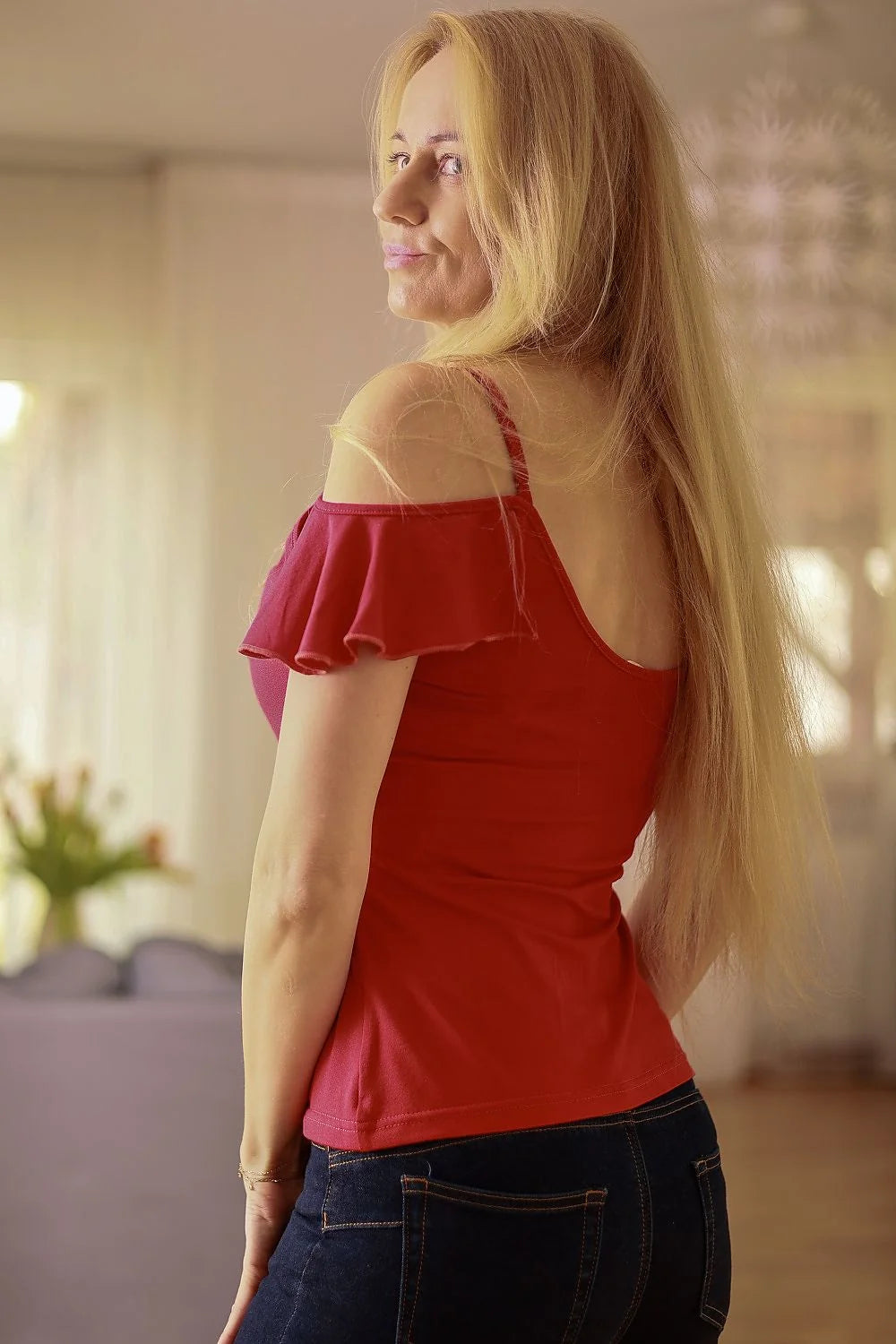 chemisier Mirale viscose stretch manches volantées épaules dénudées bordeaux coupe ajustée tombé fluide romantique respirant léger confortable casual chic