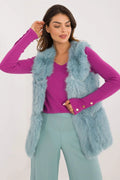Gilet sans manches en fausse fourrure bleu clair pull fuchsia pantalon vert menthe ensemble mode femme occasionnels