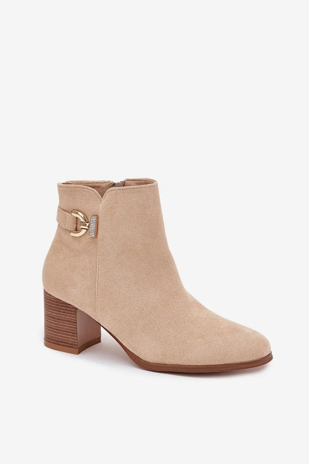 bottines femme suédine écologique beige clair talon bloc moyen bout arrondi doublure chaude zippée bijou doré strass semelle marron élégantes