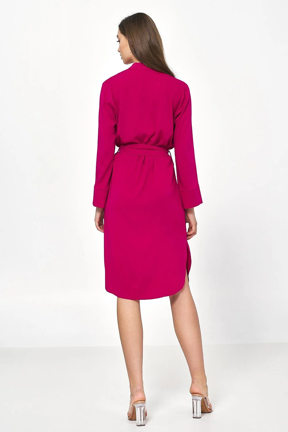 Robe chemise femme longue manches longues verte éclatante coupe droite ceinture intégrée col Mao