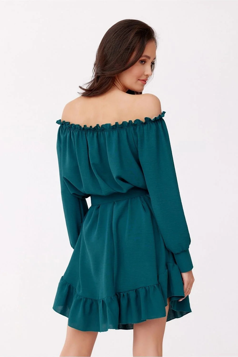 Robe de jour élégante en vert émeraude longues manches larges ceinture assortie tissu léger femmes