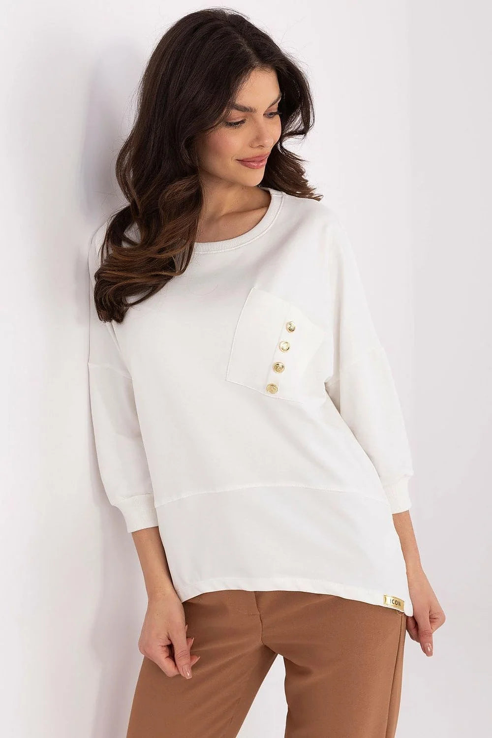 Chemisier femme élégant et confortable en coton manches 3/4 poche boutons décoratifs style moderne minimaliste casual et bureau couleur classique polyvalent côtelé et détails raffinés