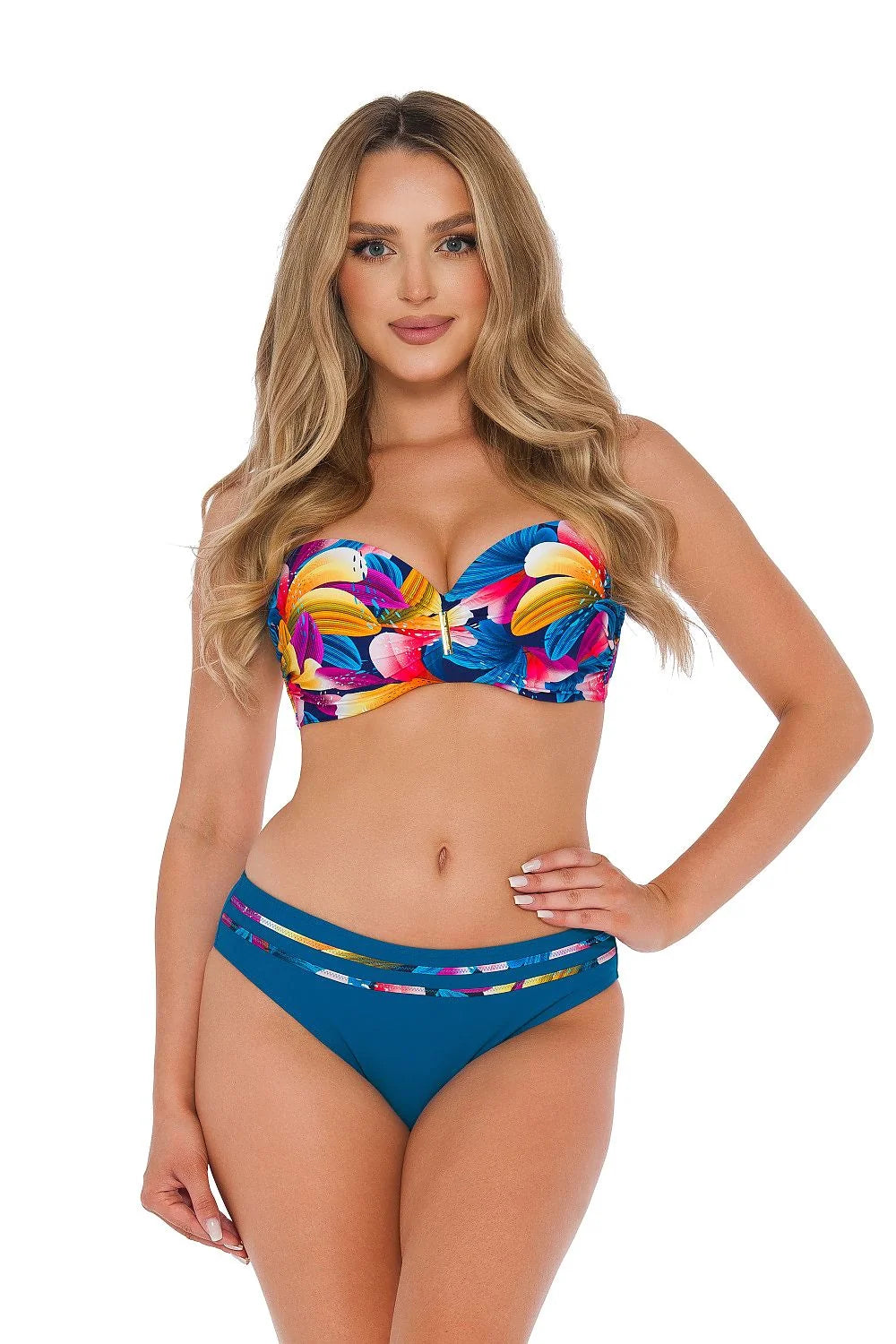 bikini bandeau balconnet rembourré armatures pushup tropical floral multicolore vibrant orné doré polyester élasthanne extensible maintien confortable femme