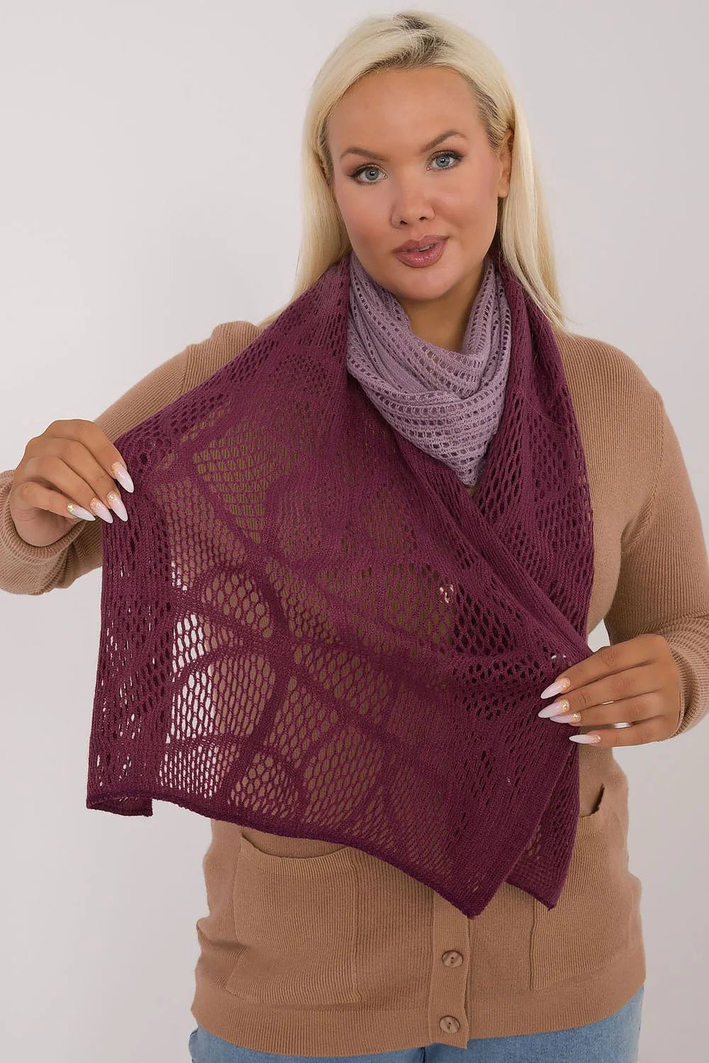 châle ajouré maille géométrique prune lavande rectangulaire grand format tricot bohème chic léger doux respirant polyvalent enveloppant laine coton