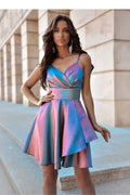Robe de soirée holographique bleu rose court bustier V-neck bretelles fines taille structurée polyester femmes