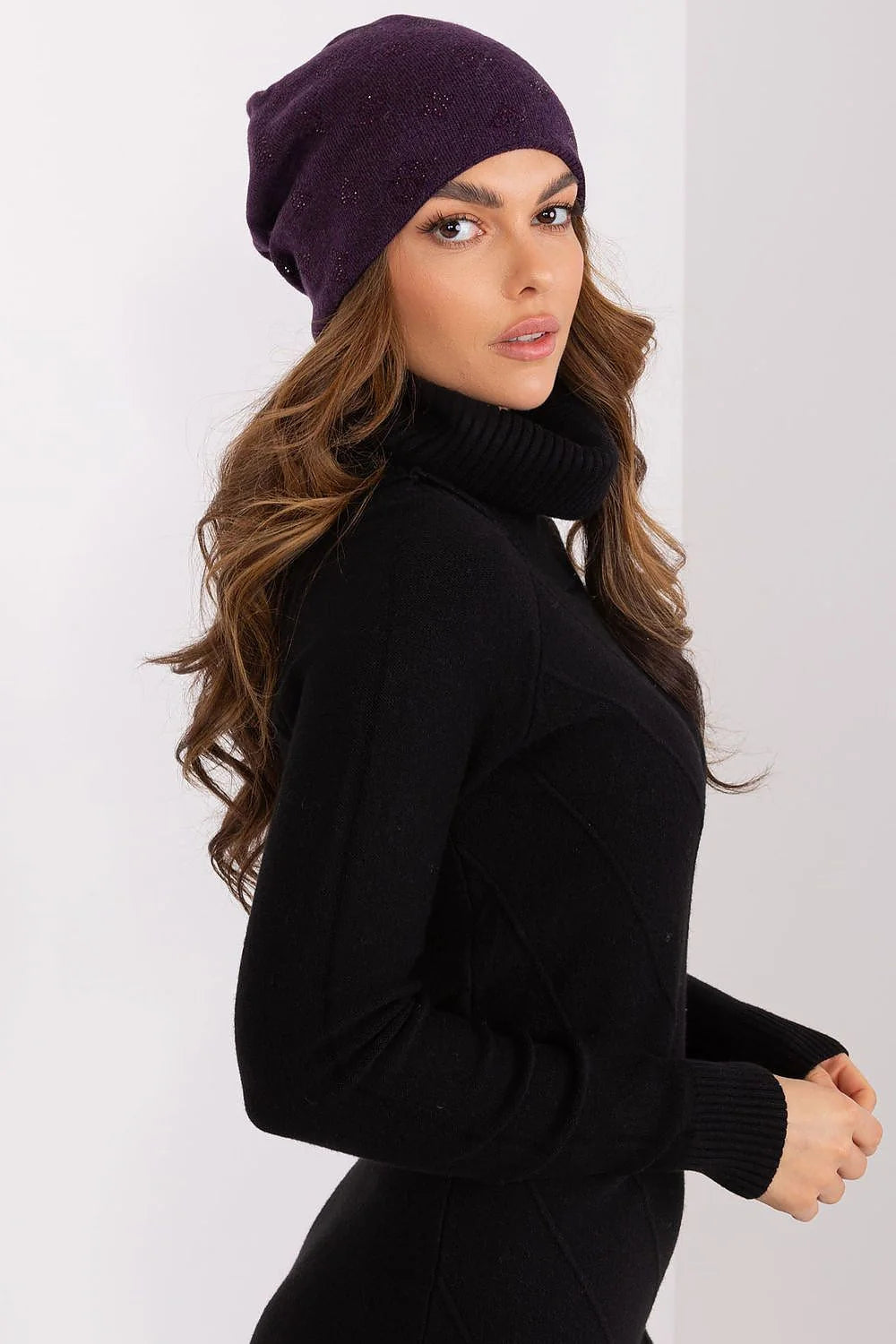 ensemble hiver chic bonnet pull col roulé violet foncé cachemire coton acrylique strass ample maille douce chaude ajustée décontractée élégante