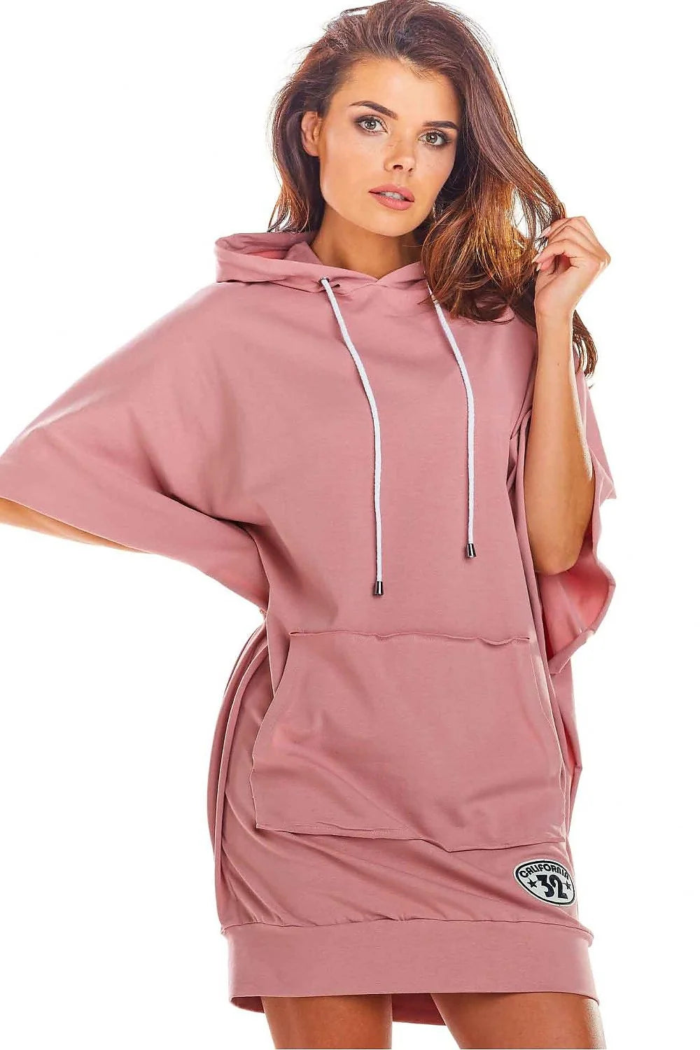 robe jour femme ample oversize capuche cordon poches kangourou manches courtes mi cuisse coton lycra blanc