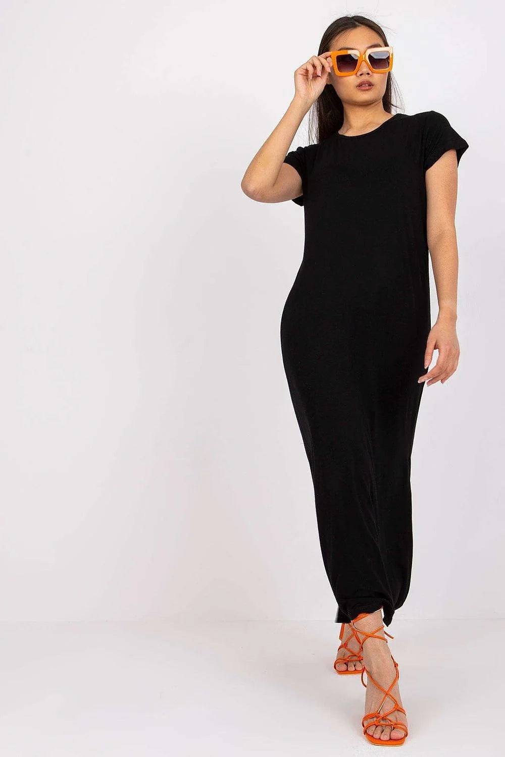 Robe longue noire coton jersey minimaliste élégante manches courtes confort quotidien mode femme