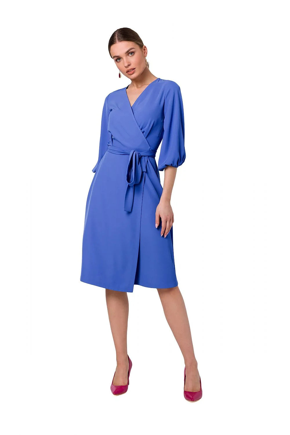 robe portefeuille midi fuchsia décolleté V profond manches troisquarts bouffantes ceinture nouée taille marquée tissu fluide élasthanne polyester élégante polyvalente