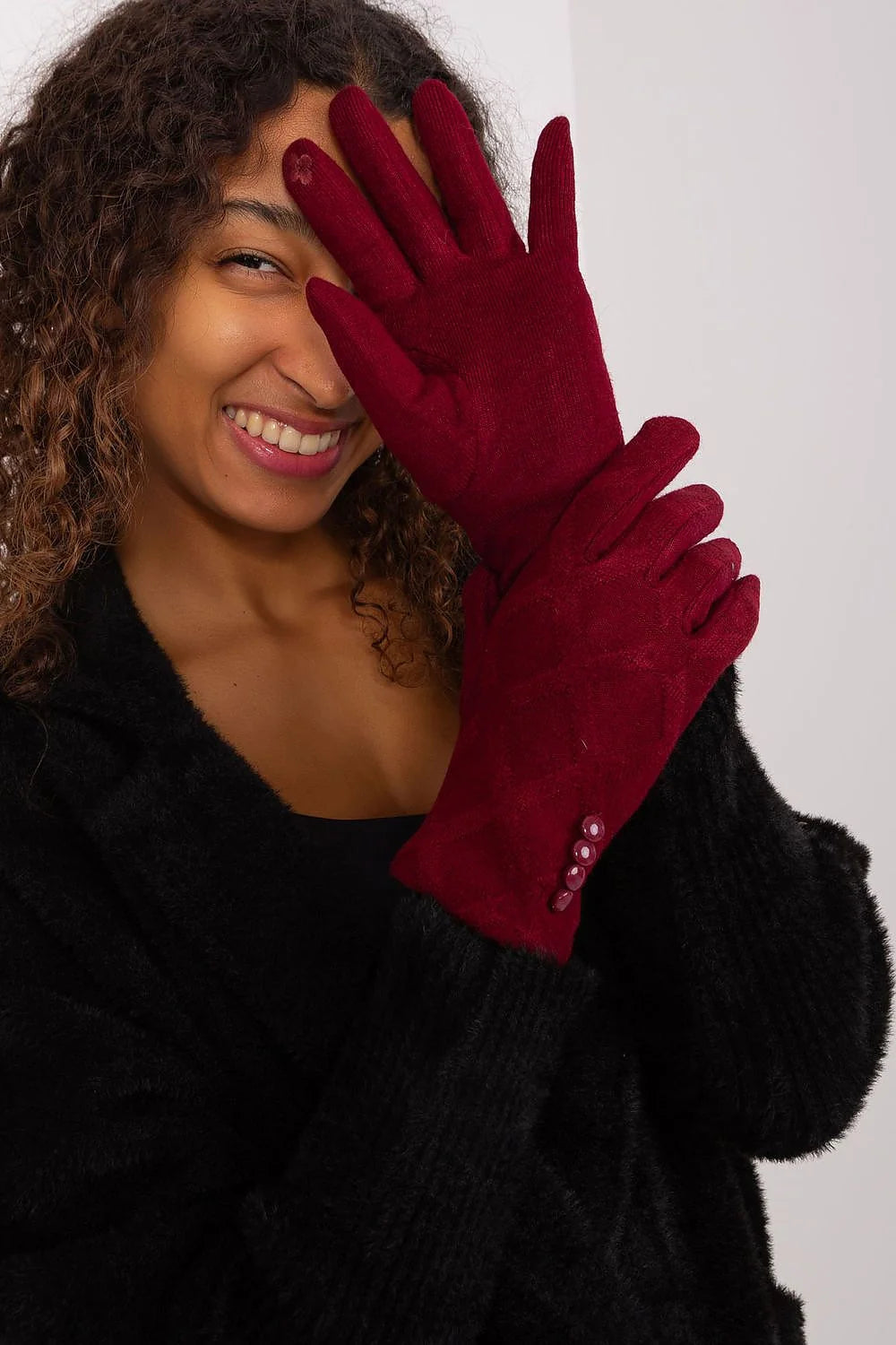 Gants élégants pour femme en suédine motif losange rouge bordeaux manches longues boutons décoratifs coton élasthanne polyester mode hiver
