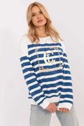 Sweatshirt femme casual moderne rayures bleu marine et blanc détails dorés coton élasthanne coupe relaxée manches longues