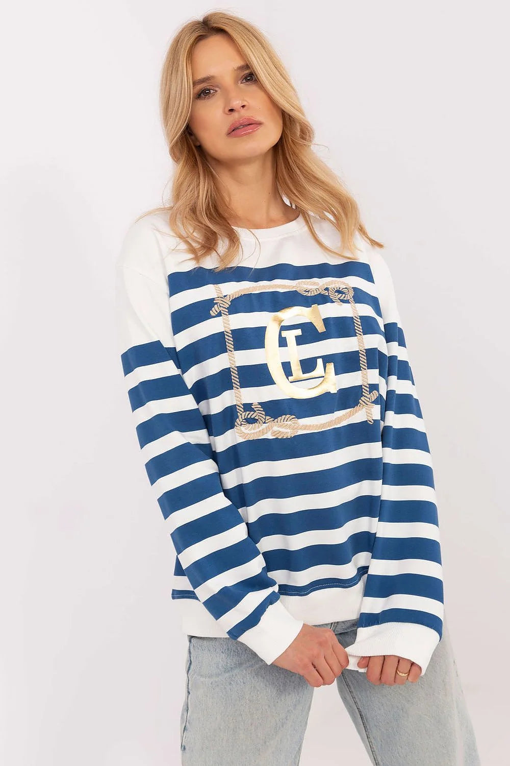 Sweatshirt femme casual moderne rayures bleu marine et blanc détails dorés coton élasthanne coupe relaxée manches longues