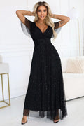 robe longue soirée noire pailletée doublure opaque tulle scintillant décolleté V croisé manches papillon jupe évasée maxi trapèze fluide élégante