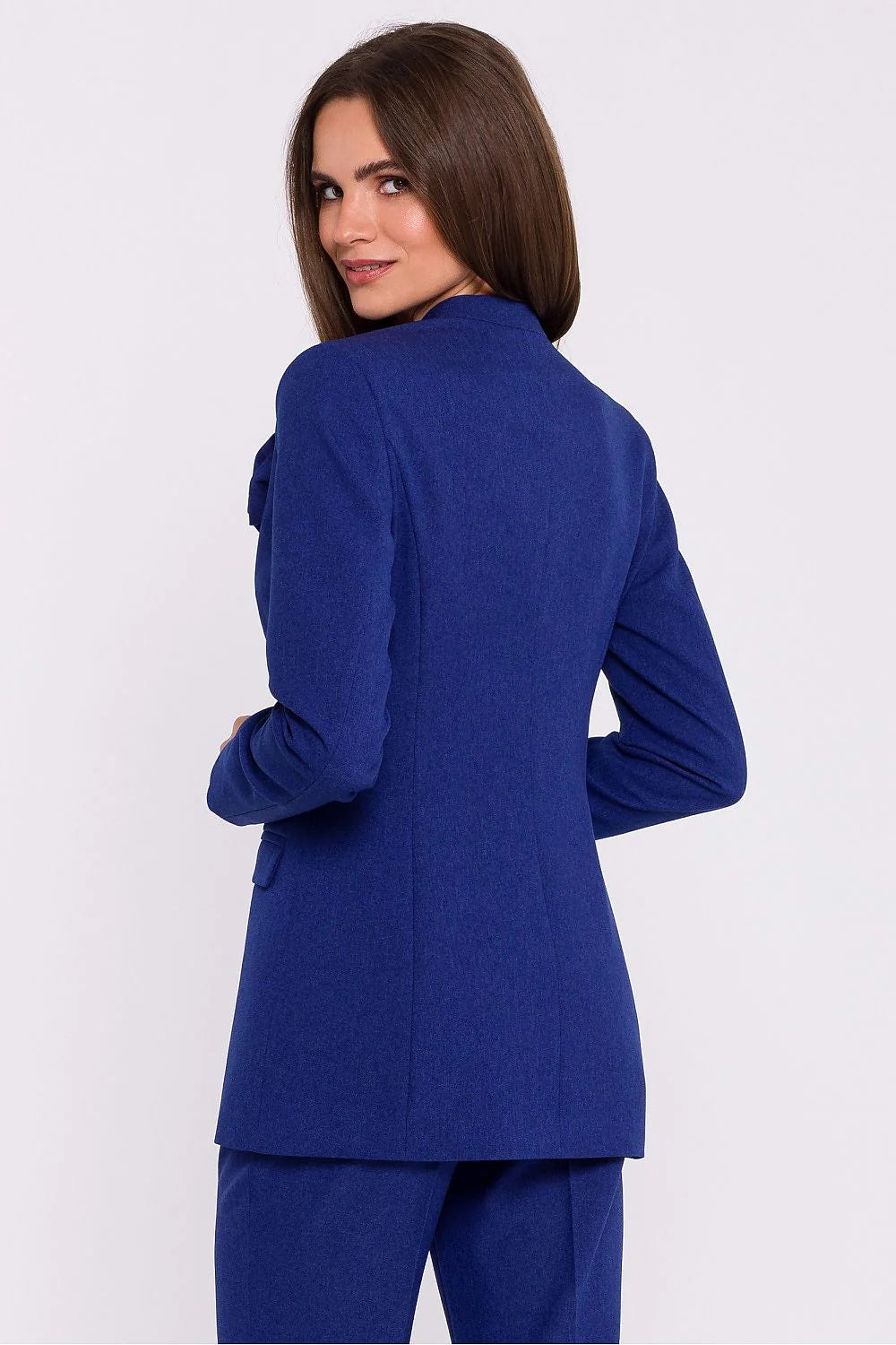 Veste Stylove pour femme élégante ajustée sans col bleu profond fleur decorative bouton unique