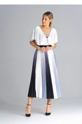 Jupe midi plissée avec ceinture élastique, style élégant et versatile, polyester 100%, tailles XS à XL, parfaite pour les occasions formelles et décontractées