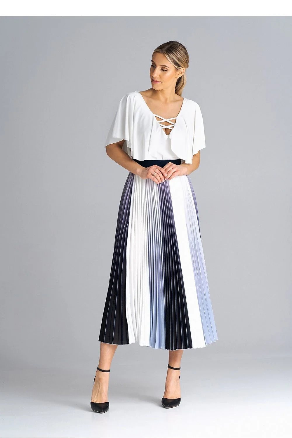 Jupe midi plissée avec ceinture élastique, style élégant et versatile, polyester 100%, tailles XS à XL, parfaite pour les occasions formelles et décontractées