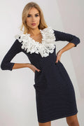 Robe cocktail féminine élégante manches 3/4 dentelle noire et blanche tissu pois polyester coton femme