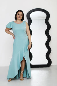 Robe de cocktail Jersa asymétrique pastel bleu manche courte épaule nue polyester fluide femmes