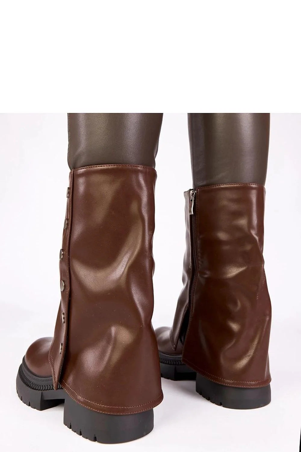 bottines chocolat Carla similicuir tige enroulée mimollet bout rond semelle crantée plateforme stable talon bloc fermeture éclair métallique