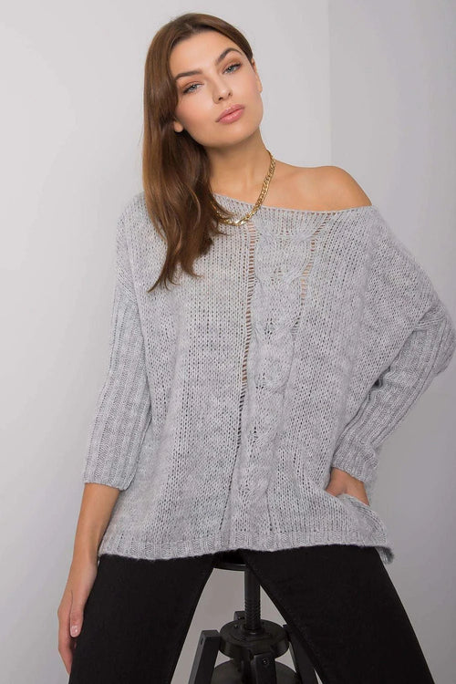 chandail OchBella femme maille grosse torsadé central asymétrique porté épaule oversize coupe ample manches trois quarts