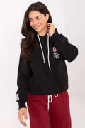 sweatshirt femme noir molletonné court décontracté capuche ajustable cordons blancs embouts roses manches longues poignets côtelés poches latérales lapin brodé