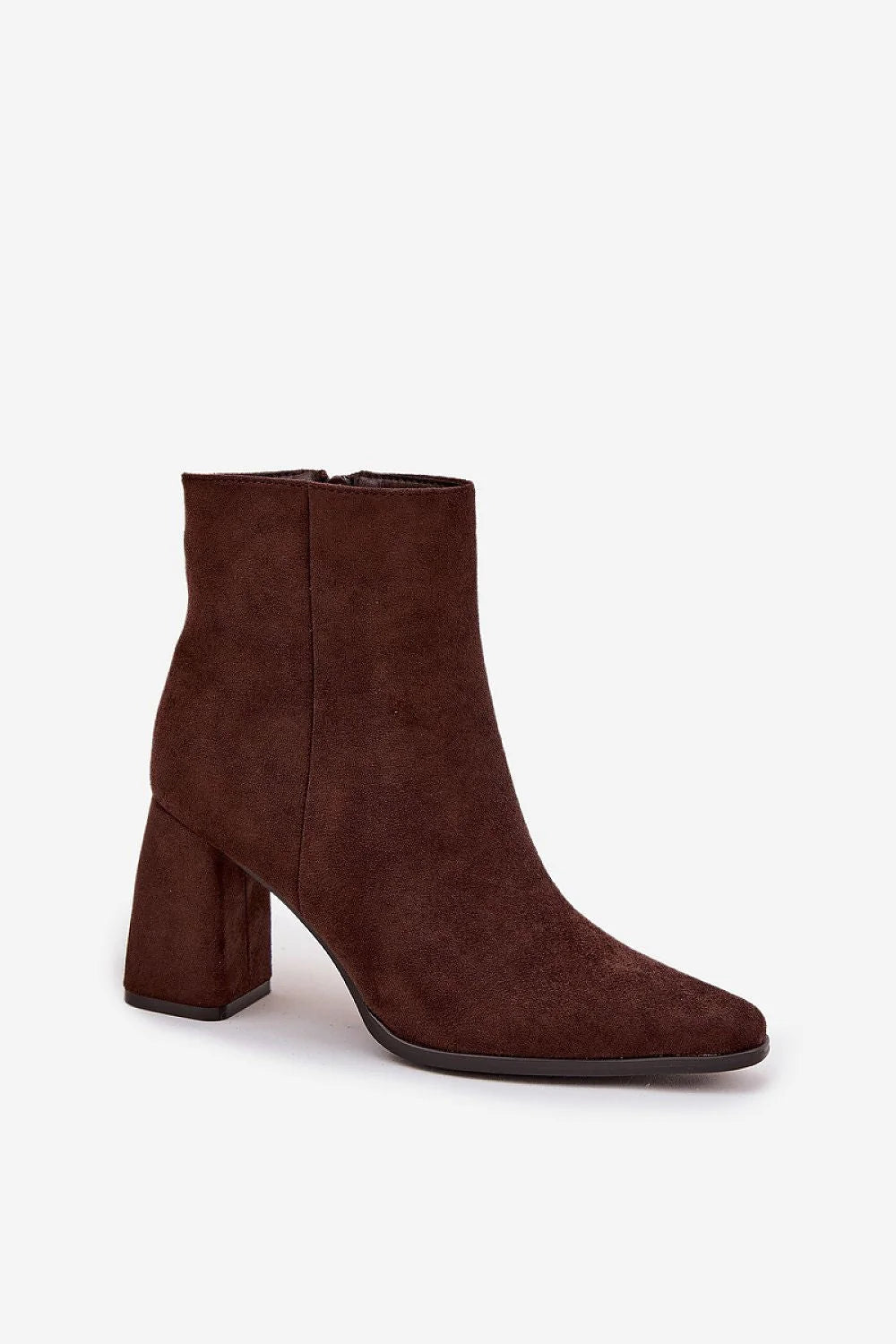 bottines suédine écologique femme talon bloc moyen bout amande fermeture éclair cheville marron chocolat semelle fine confort élégant polyvalent