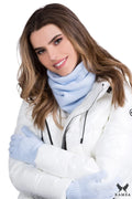 snood tubulaire femme bleu ciel maille fine douce extensible double ajustée chaude hivernal confortable côtelée poignets polonaise acrylique polyester polyamide