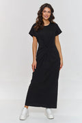 Robe longue Makadamia noire style chic casual coupe droite manches courtes encolure ras-du-cou nœud taille ajustable occasion semi-formelle femme