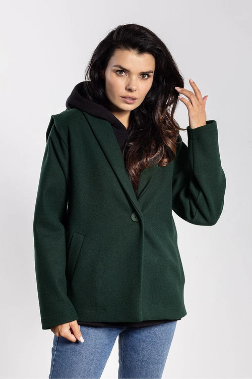veste velours côtelé femme oversize col châle bouton unique poches latérales coupe droite longueur hanches vert sapin doux confortable durable