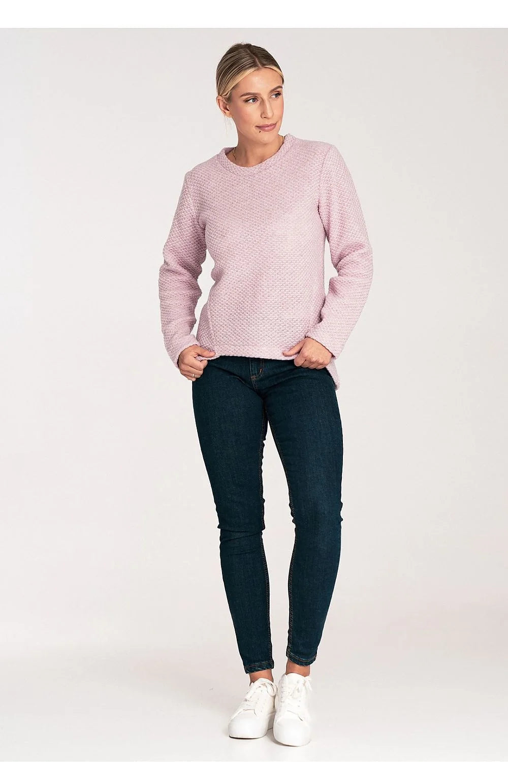 Pull asymétrique pour femme style moderne manches longues encolure ronde texture gaufrée couleur rose pâle
