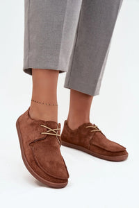 mocassin derby femme daim suédé cognac bout large semelle fine souple coutures décoratives lacets contrastants rembourrée maintien confortable décontracté chic