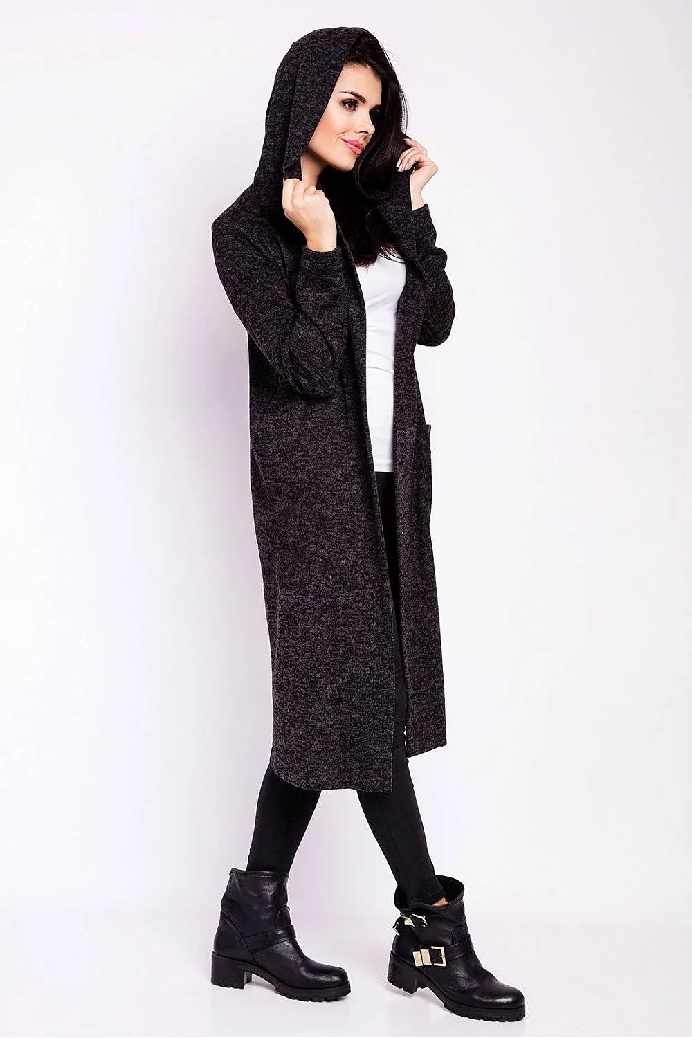 Cardigan long ample en laine bleu chiné élégant et confortable pour femmes modernes style décontracté chic