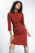 Robe élégante automne hiver couleur terre cuite matériau doux jersey coton longueur genoux manches 3/4 col rond femme