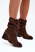 bottines femme cuir suédé marron foncé tige plissée slouchy talon bloc moyen bout amande fermeture éclair latérale confortable
