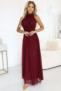 robe longue bordeaux soirée halter col cintrée taille corsage plissé épaules dégagées jupe fluide tulle chiffon doublée micro paillettes scintillante