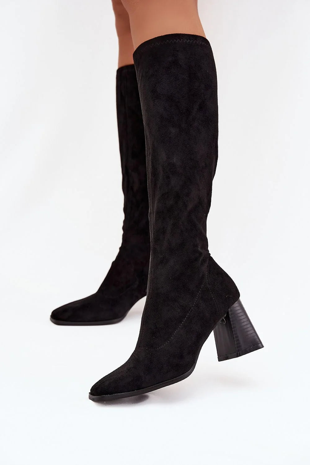 bottes montantes femmes suédine écologique souple talon colonne stable bout arrondi enfilage fermeture éclair tige ajustée doublure fourrure synthétique