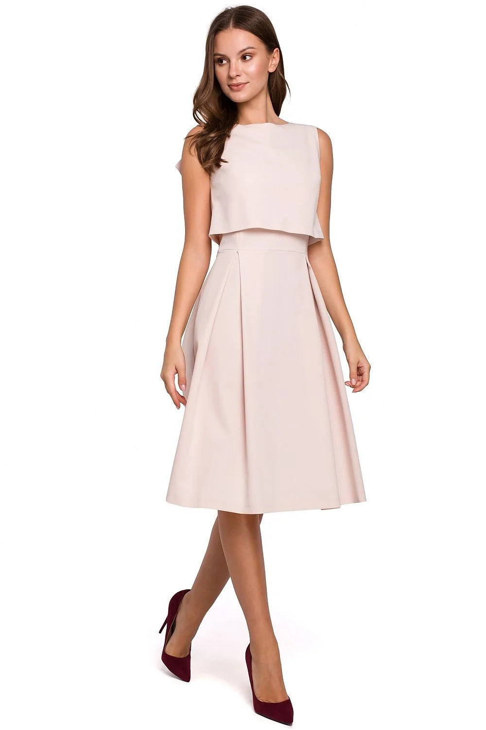 robe soirée Makover noire midi sans manches dos nu col bateau taille haute jupe évasée plissée crêpe élégante femme