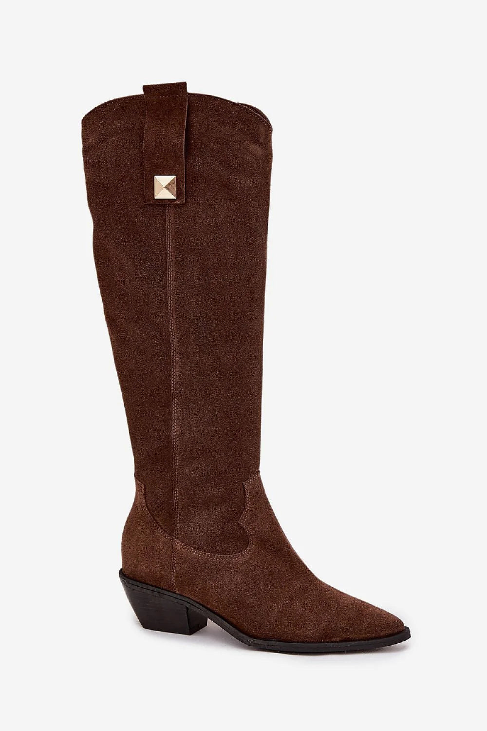 bottes cowboy femme suède marron foncé bout pointu talon bloc bas doublure feutre fermeture éclair surpiqûres rivets dorés