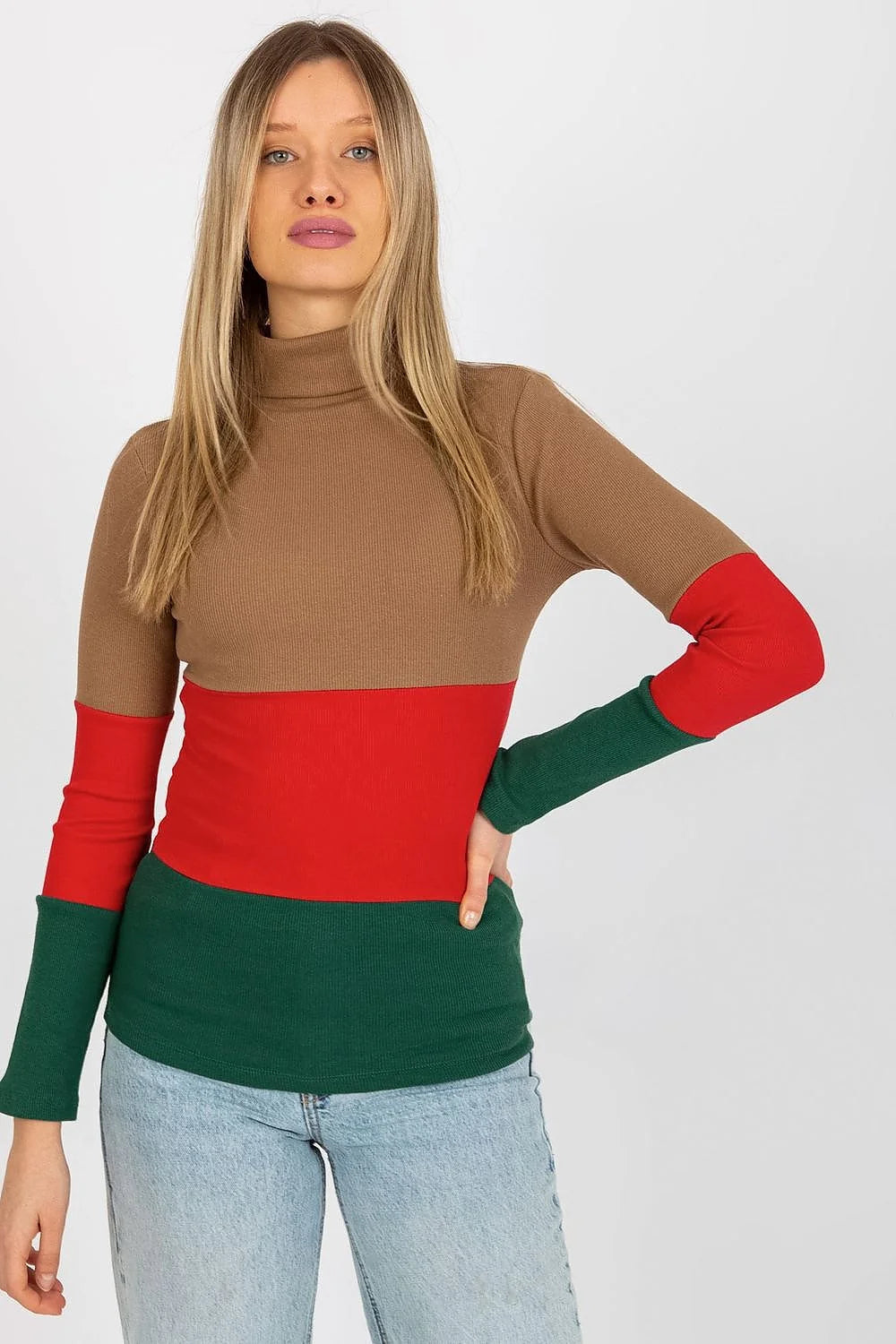 Pull col roulé multicolore maille côtelée coton élasthanne bleu rose vert ajusté manches longues ourlets nets design moderne