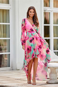 robe asymétrique maxi Roco Fashion manches longues fluides chiffon col V croisé taille cintrée ceinture intégrée traîne plissée