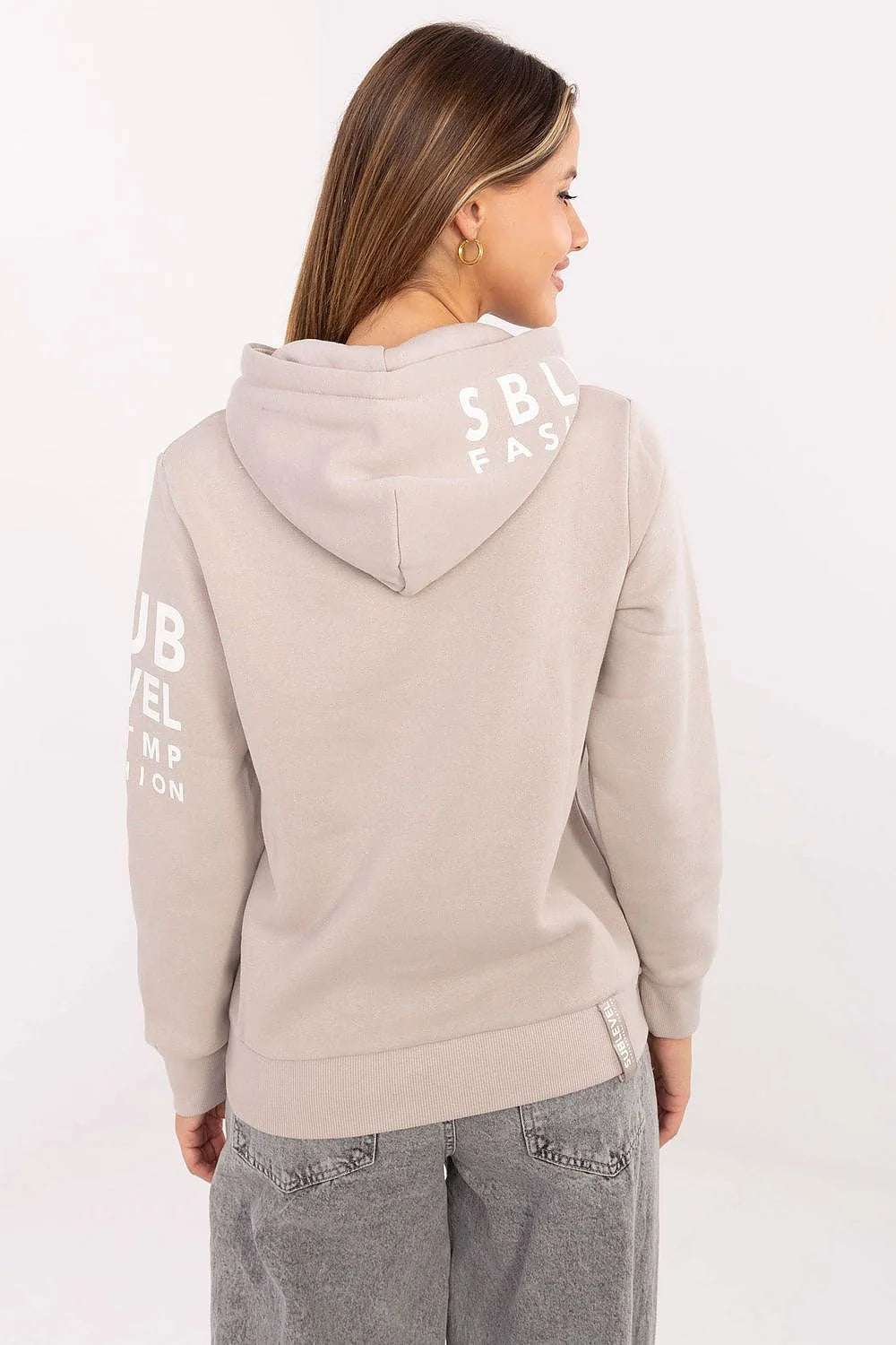 sweatshirt femme capuche molleton beige coupe droite cordon blanc réglable poche kangourou bords côtes manches longues confortable durable