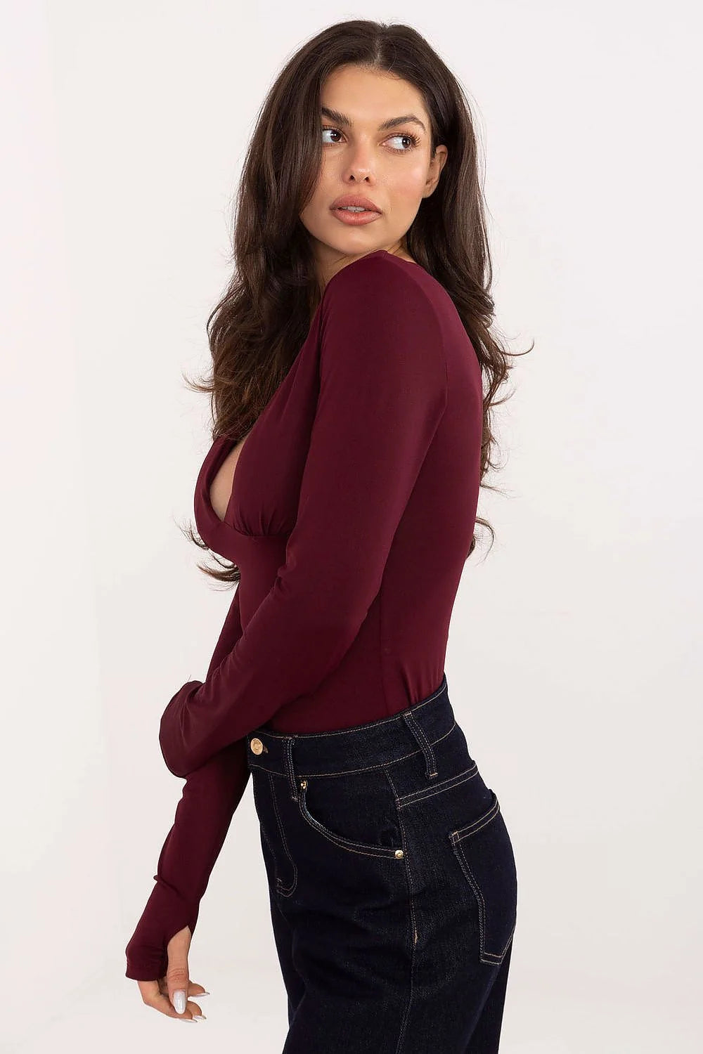 chemisier ItalyModa ajusté élégant longueur nylon élasthanne stretch lisse manches longues ouvertures pouces bonnets cousus renforcés décolleté plongeant plis stratégiques