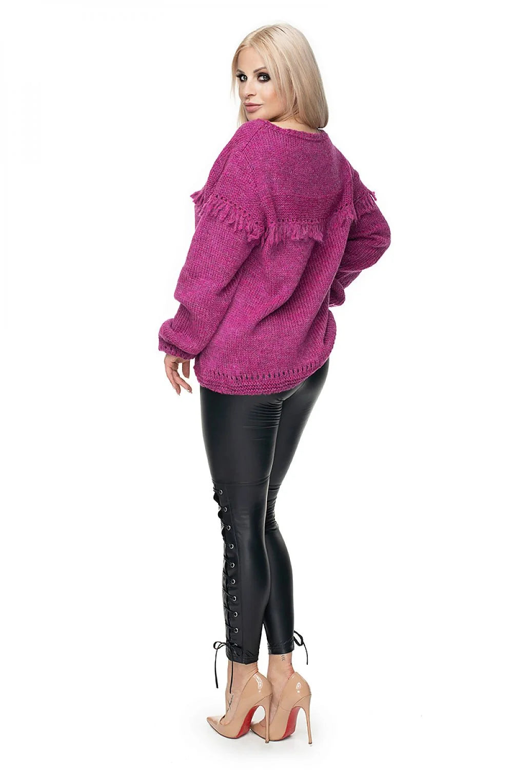 Pull Pee Ka Boo pour femme en maille épaisse couleur framboise vibrante coupe ample manches longues franges décoratives