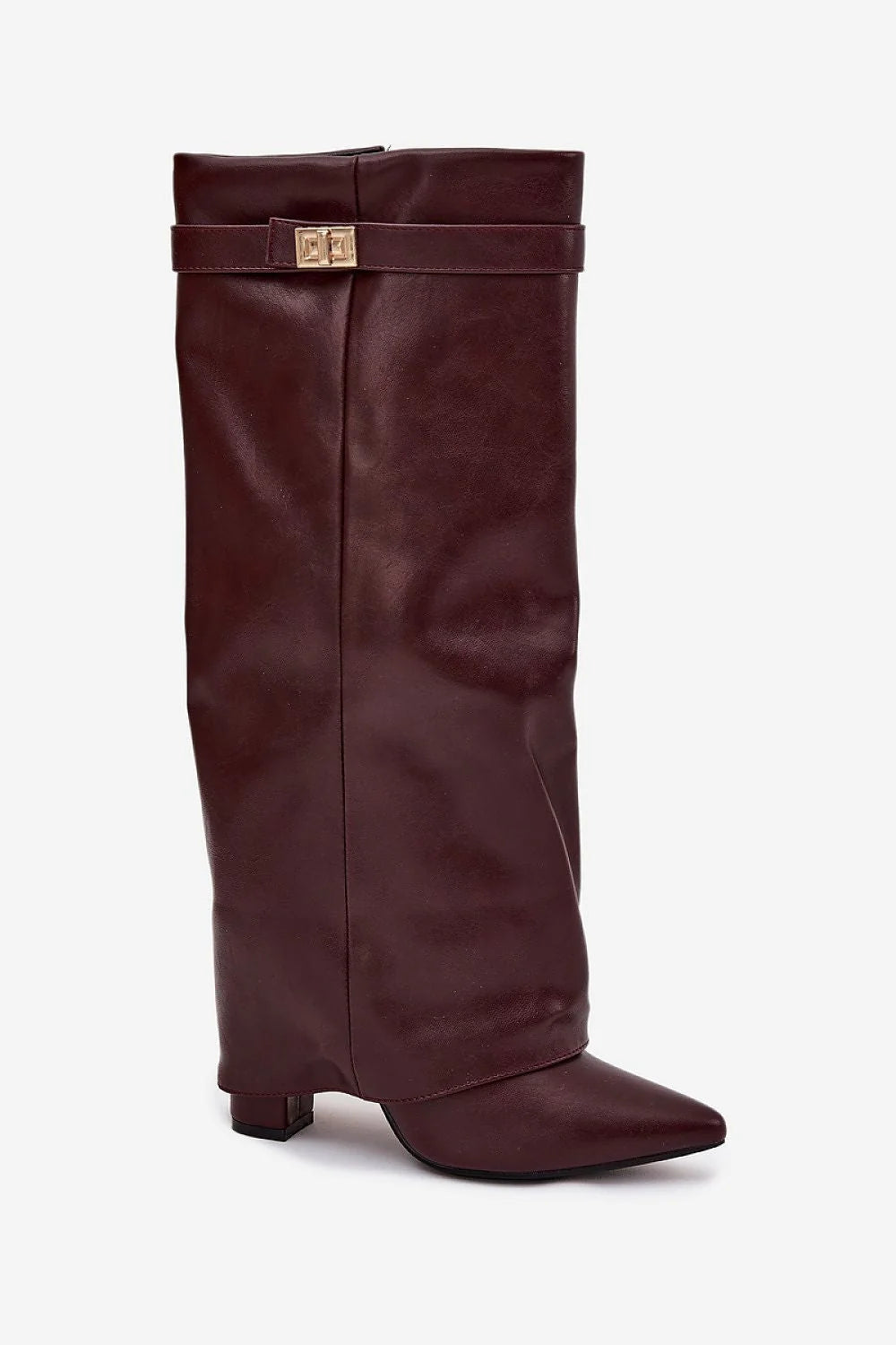 bottes similicuir bordeaux montantes genou tige repliée lanière boucle dorée bout pointu talon bloc 10cm stabilité confort zippée