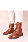 bottines femme lacets marron cognac similicuir tige cheville fermeture zippée latérale bout arrondi talon bas semelle noire doublure chaude confortables