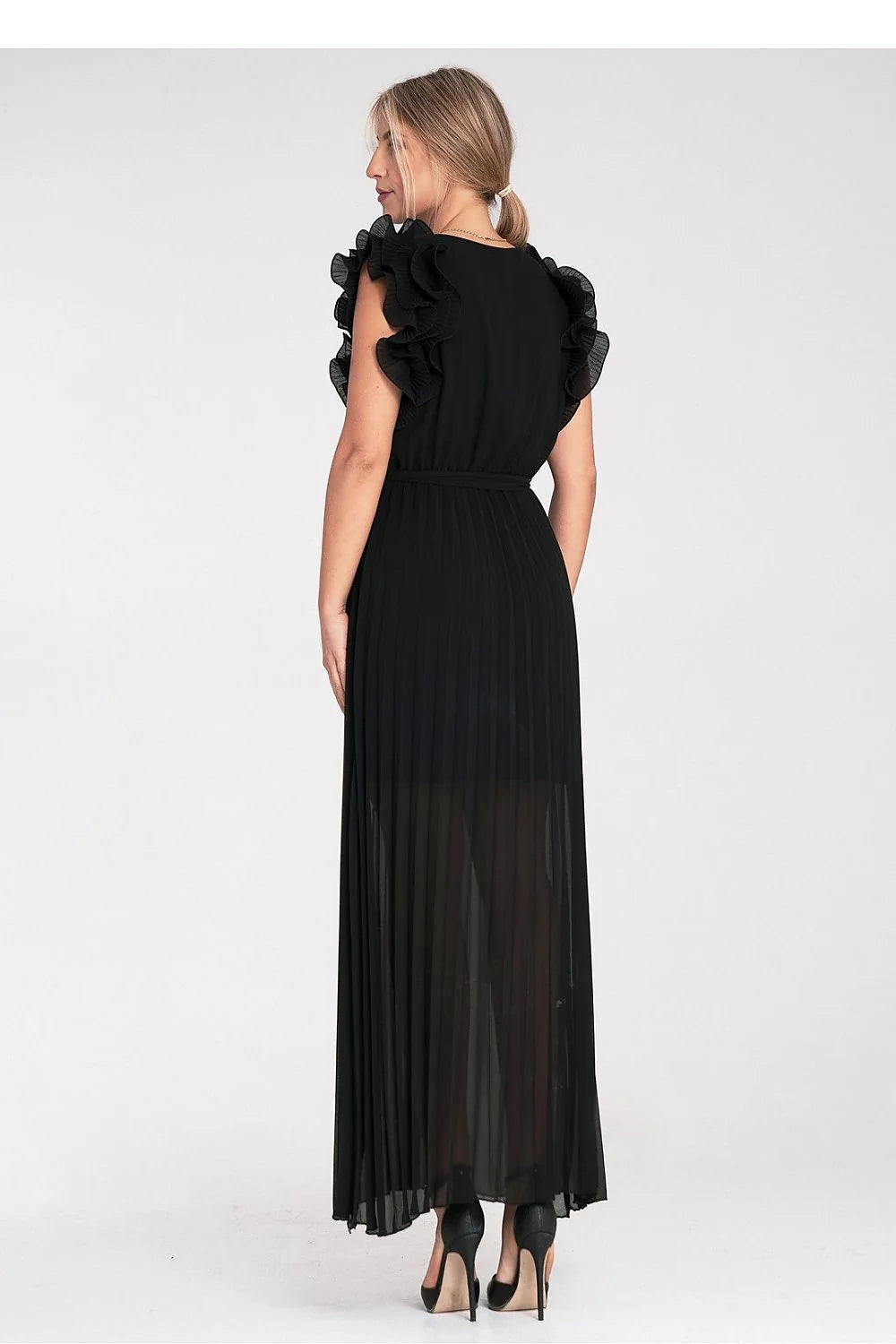 Robe longue élégante noire pour femme avec volants sur les épaules décolleté en V ceinture intégrée polyester 100 %