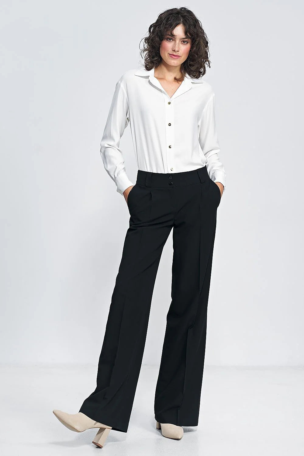 Pantalon long Nife style tailleur élégance professionnelle femme noir profond jambes larges taille haute ceinture ajustable matière confortable