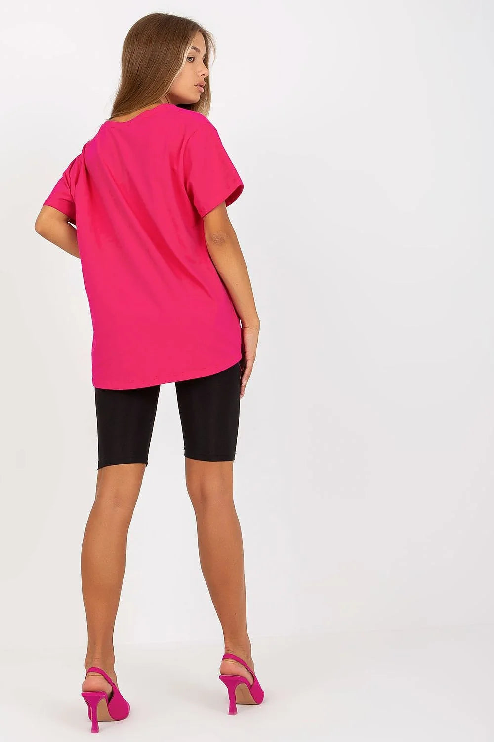 T-shirt femme court manches courtes encolure ronde dos allongé coton elasthanne rose fuchsia logo métallique