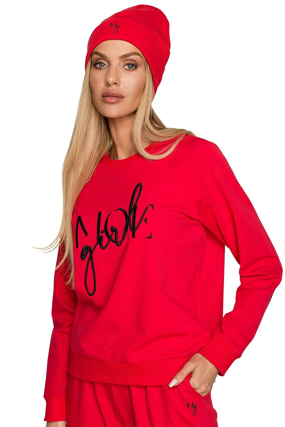 Bonnet Moe en maille stretch côtelée avec broderie dorée, sweat assorti col rond manches longues, ensemble mode femme élégant automne hiver