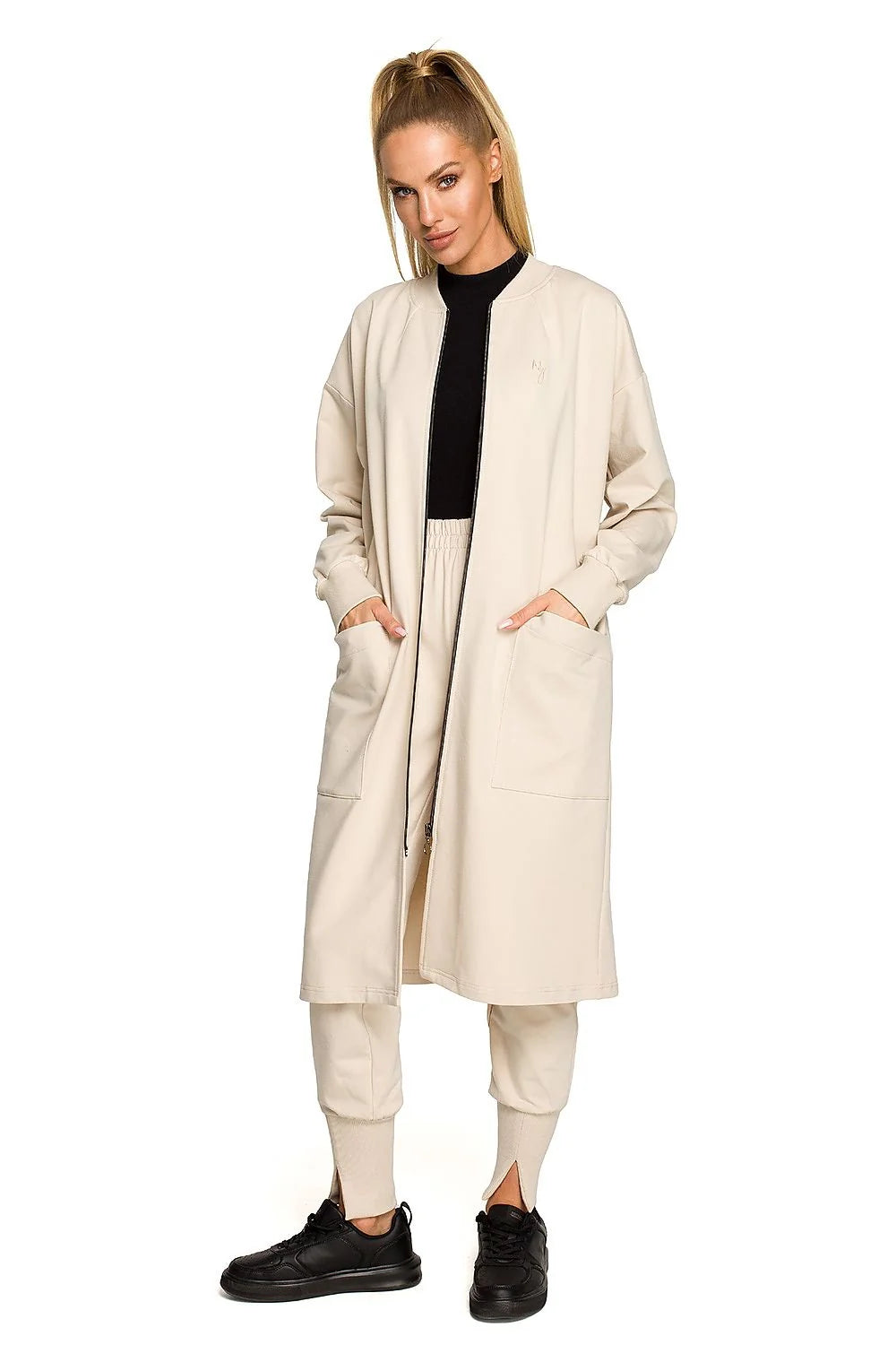 Manteau long pour femmes moderne décontracté coupe ample coton élasthanne beige clair poches latérales fermeture éclair femmes